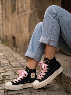 Converse Black Canvas Hearts Valentine's Day Lift Platform High Top Sneakers 7